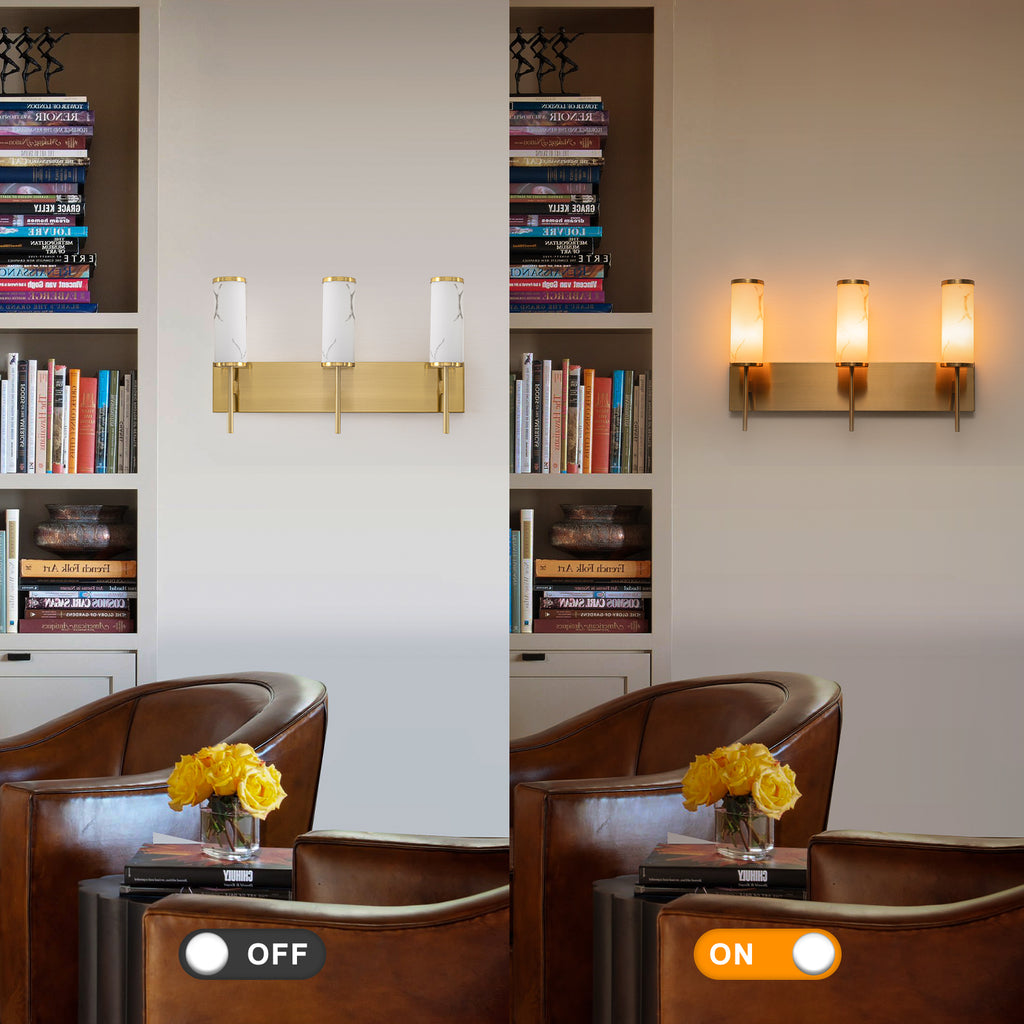 3-Light Gold Vanity Light Cylindrical Marble Crackle Glass Shades - product image 12 | Zenvolit