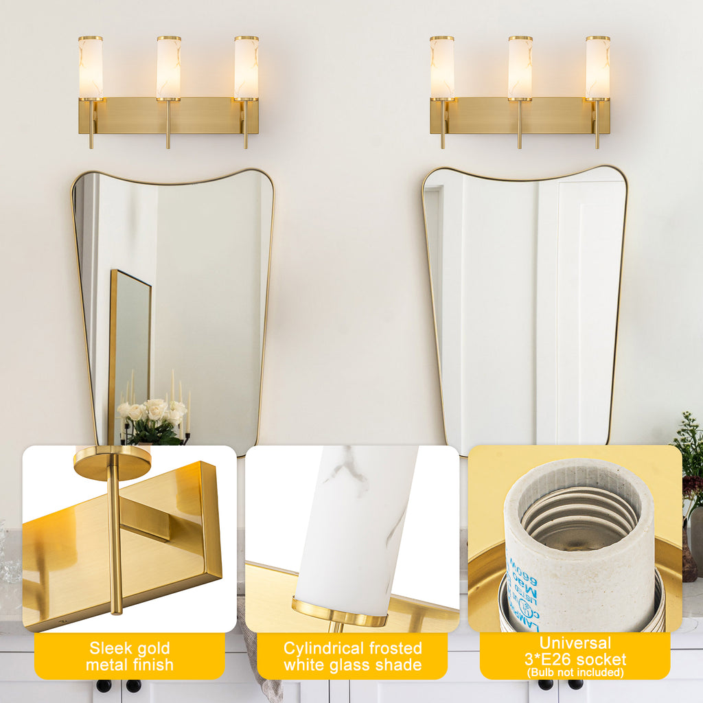 3-Light Gold Vanity Light Cylindrical Marble Crackle Glass Shades - product image 13 | Zenvolit
