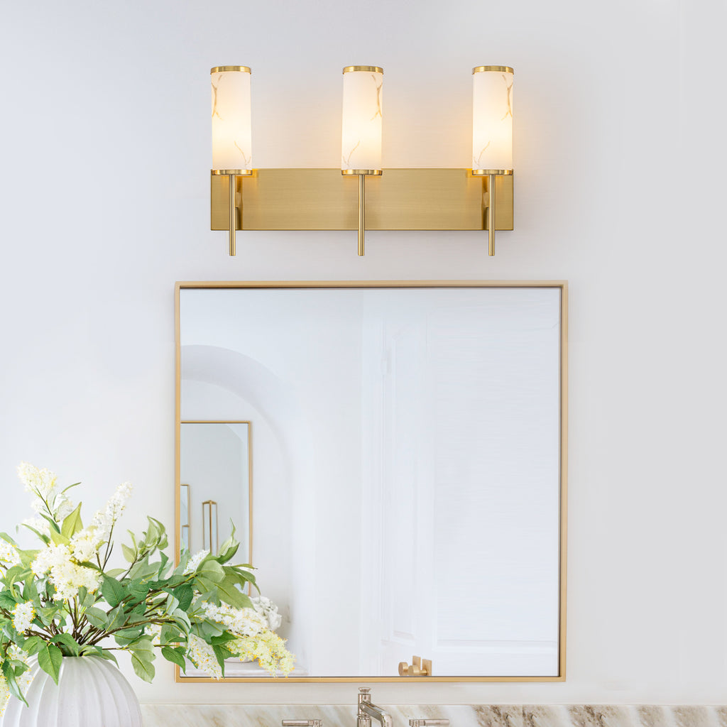 3-Light Gold Vanity Light Cylindrical Marble Crackle Glass Shades - product image 15 | Zenvolit