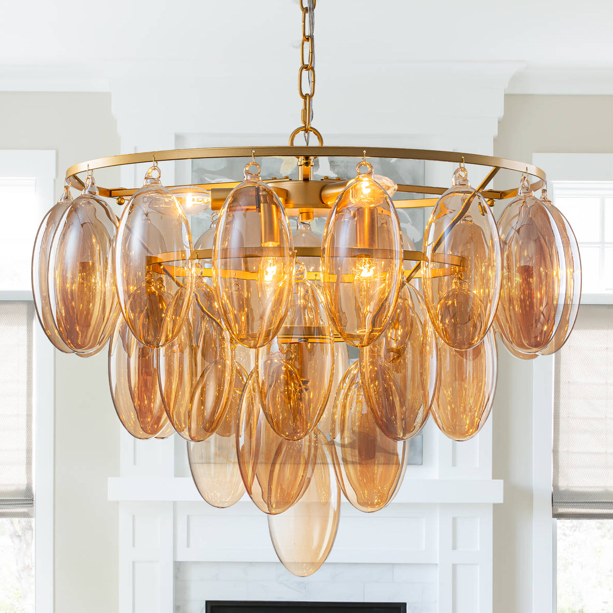 6-Light Metal Circle Chandelier Teardrop Amber Glass Glam Cascading - product image 1 | Zenvolit