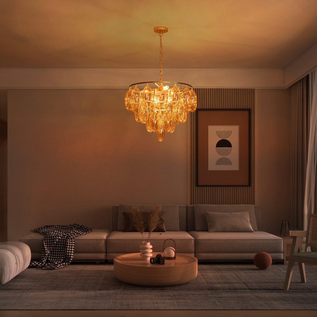 6-Light Metal Circle Chandelier Teardrop Amber Glass Glam Cascading - product image 3 | Zenvolit