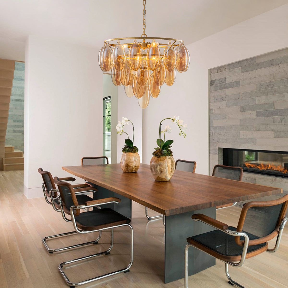 6-Light Metal Circle Chandelier Teardrop Amber Glass Glam Cascading - product image 4 | Zenvolit