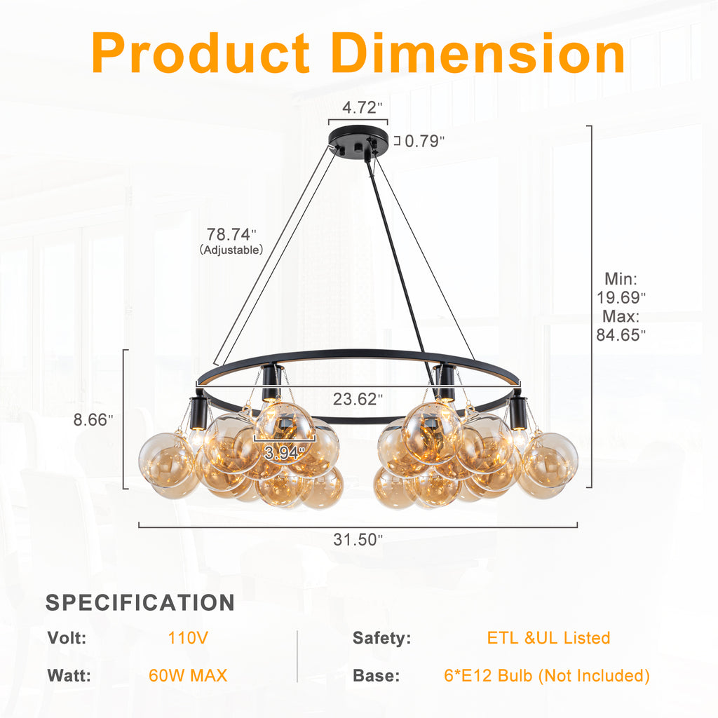 6-Light Modern Circular Frame Chandelier with Champagne Glass Globes - product image 12 | Zenvolit