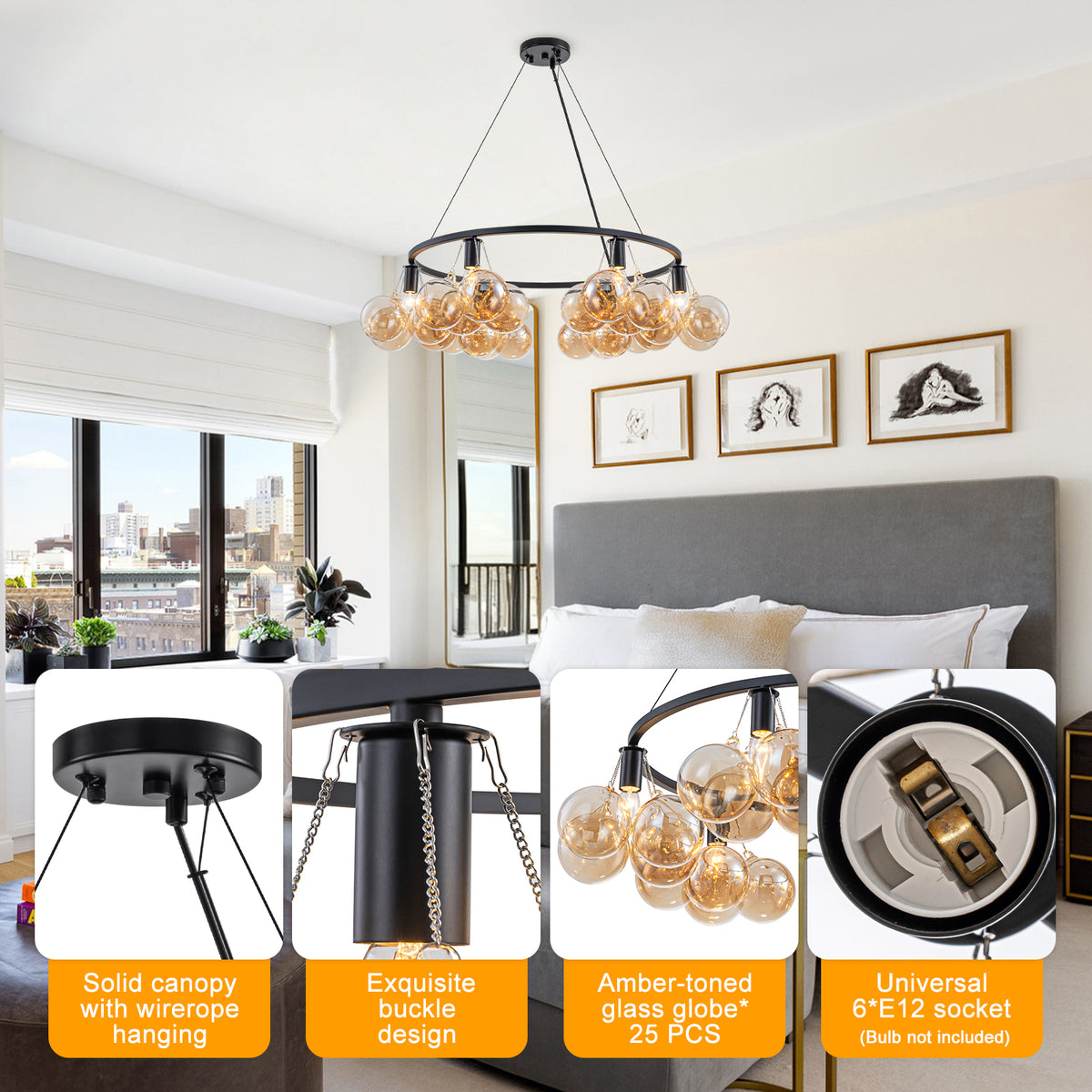 6-Light Modern Circular Frame Chandelier with Champagne Glass Globes - product image 14 | Zenvolit
