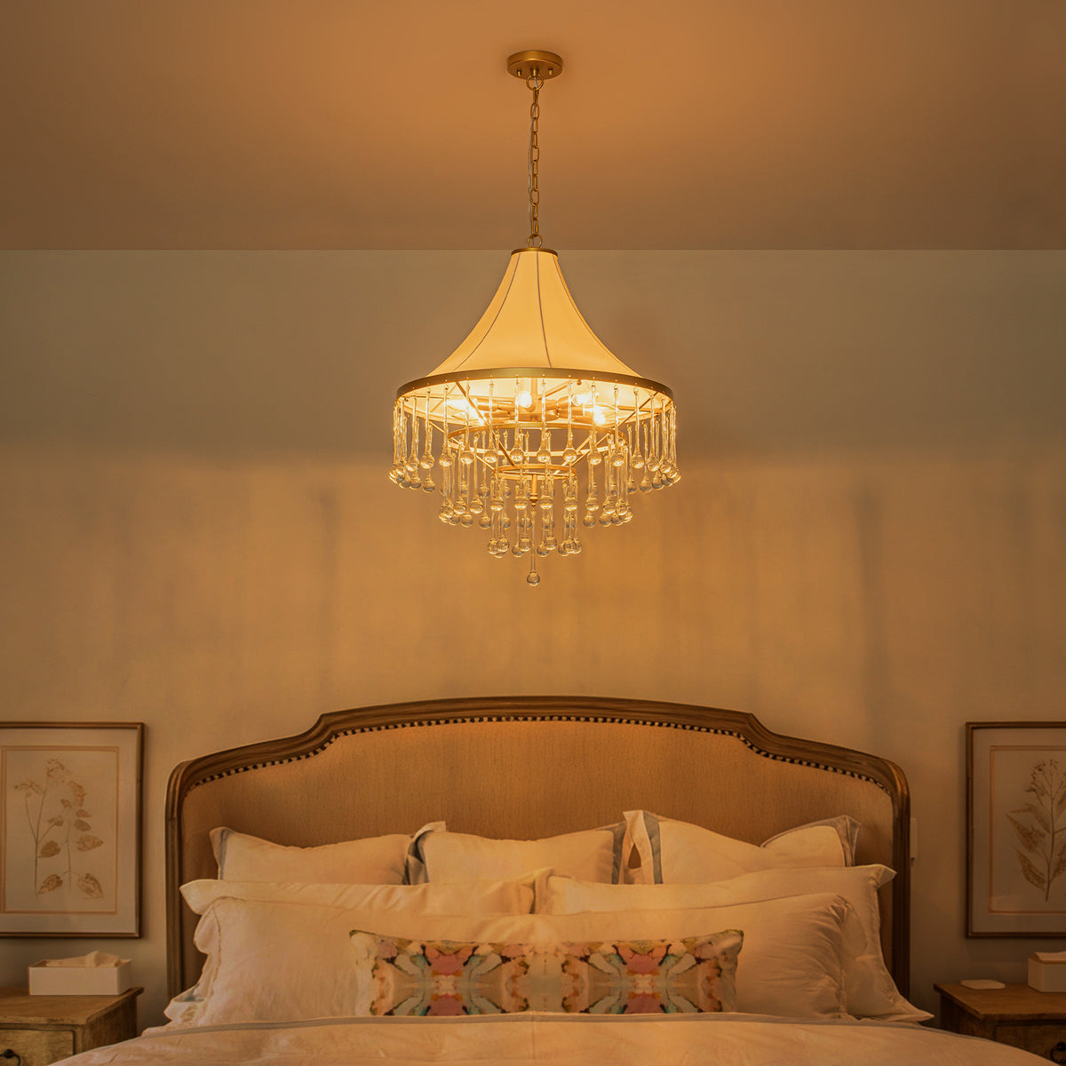 Brushed Gold Crystal Tiered Chandelier with Linen Shade Dining Room - product image 1 | Zenvolit