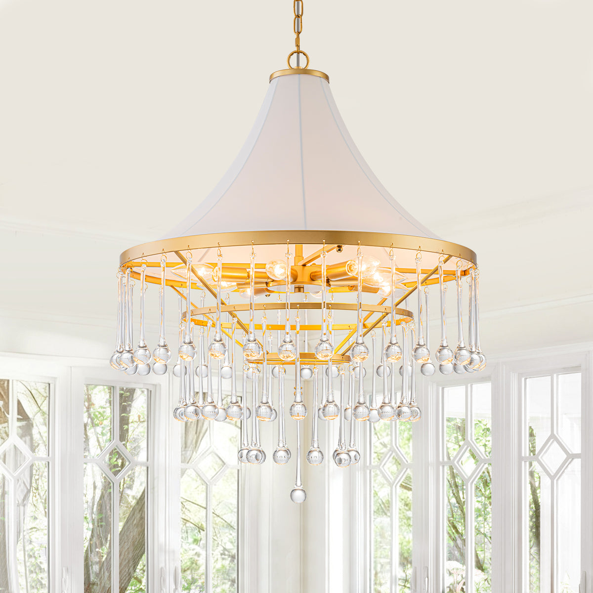 Brushed Gold Crystal Tiered Chandelier with Linen Shade Dining Room