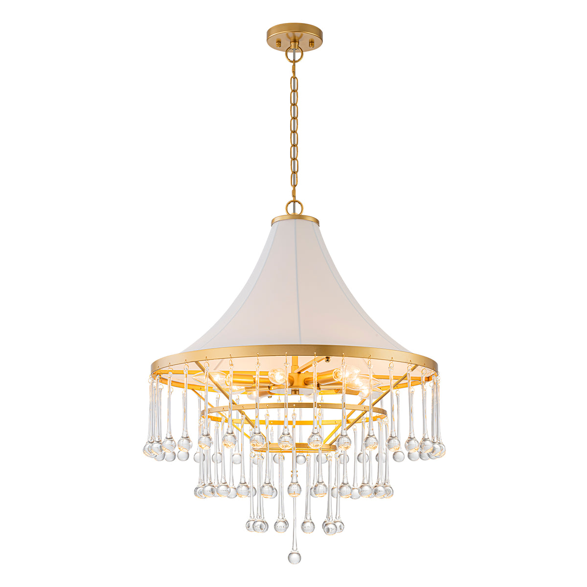 Brushed Gold Crystal Tiered Chandelier with Linen Shade Dining Room