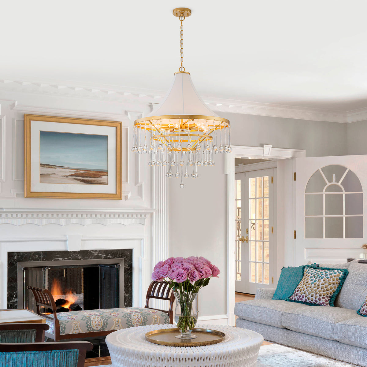 Brushed Gold Crystal Tiered Chandelier with Linen Shade Dining Room