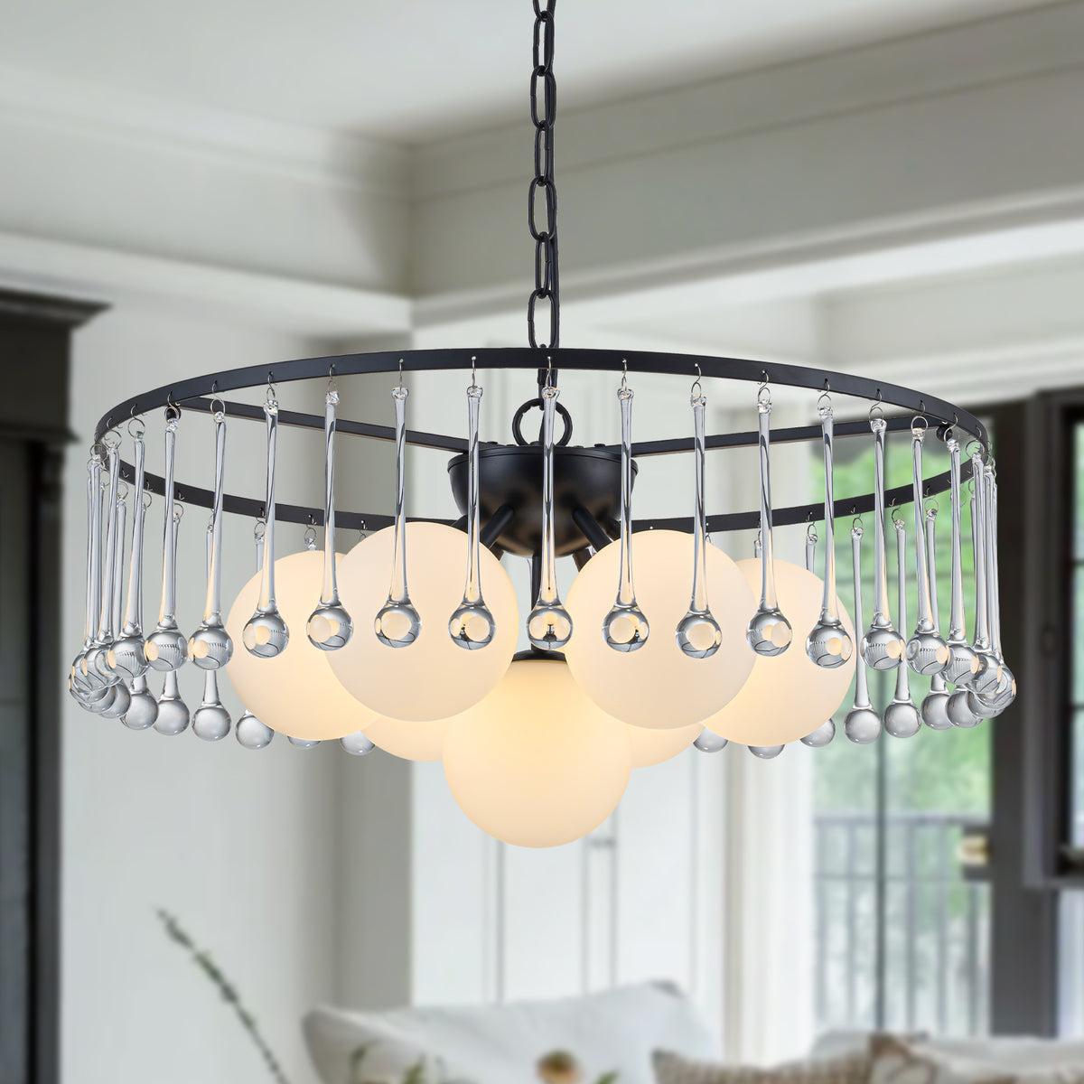 7-Light Modern Circular Chandelier with White Glass & Crystal Accents - product image 1 | Zenvolit