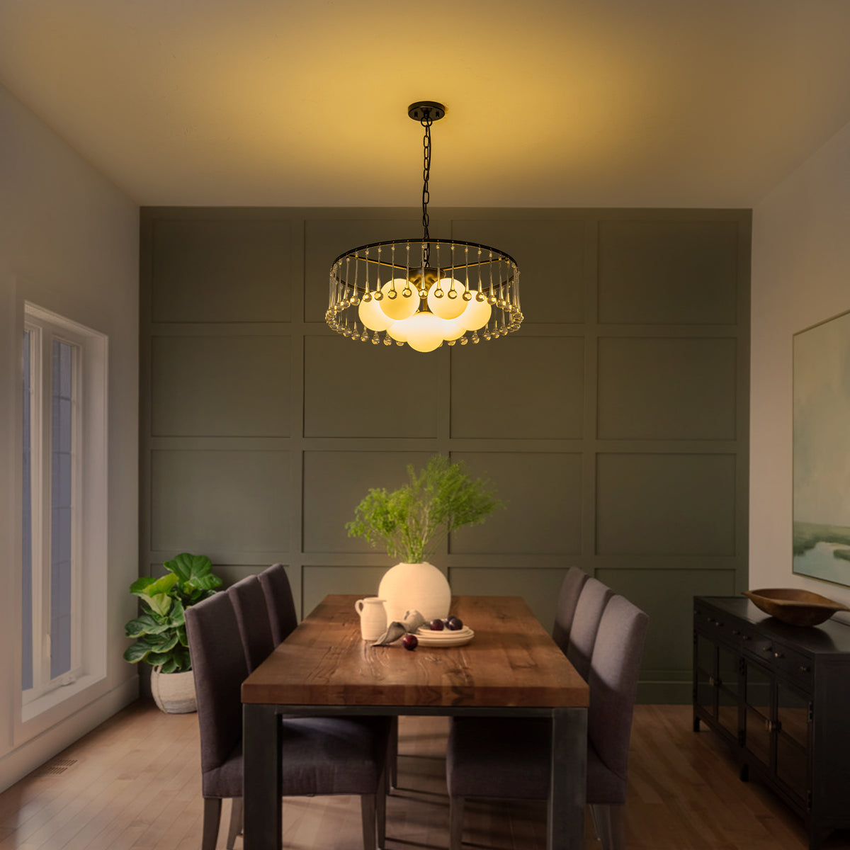 7-Light Modern Circular Chandelier with White Glass & Crystal Accents - product image 3 | Zenvolit