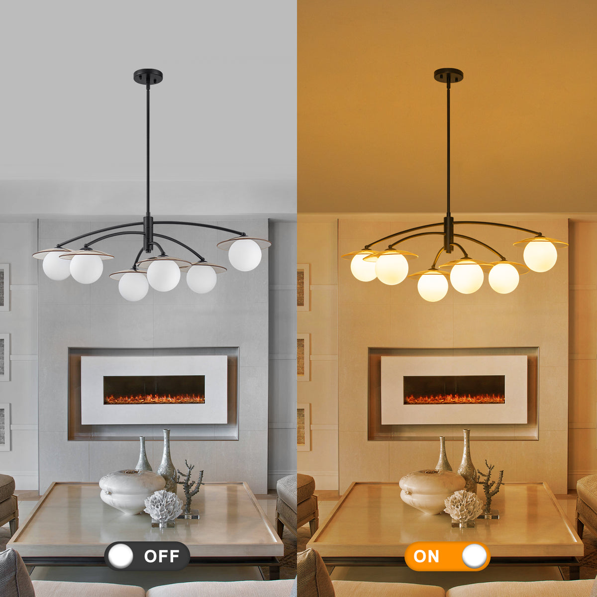Matte Black Branch Chandelier Opal Glass Globes Modern Minimalist - product image 2 | Zenvolit