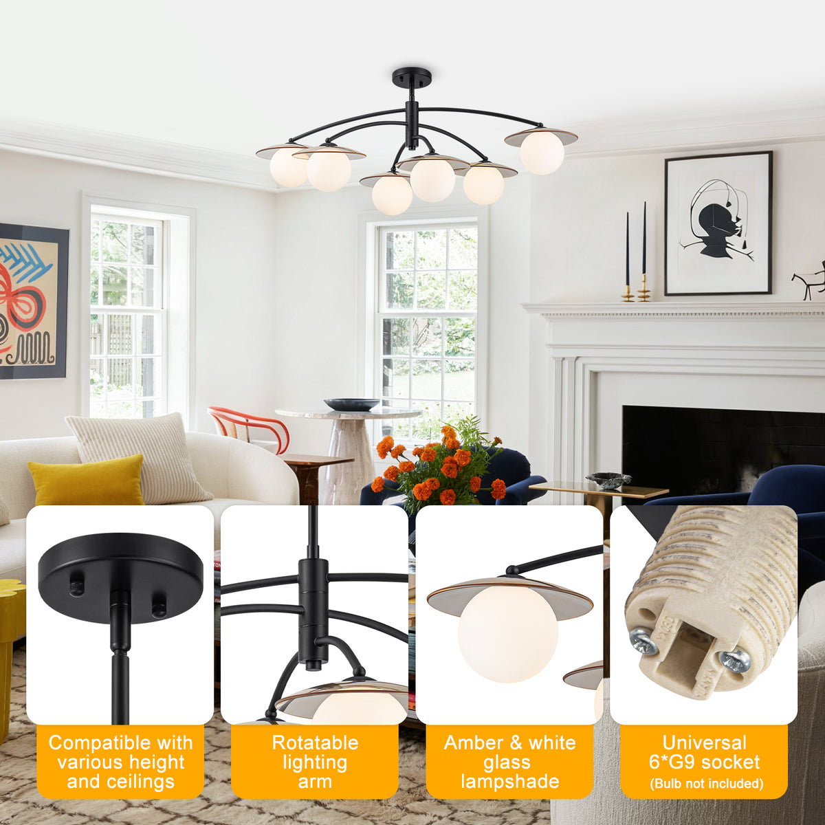 Matte Black Branch Chandelier Opal Glass Globes Modern Minimalist - product image 3 | Zenvolit