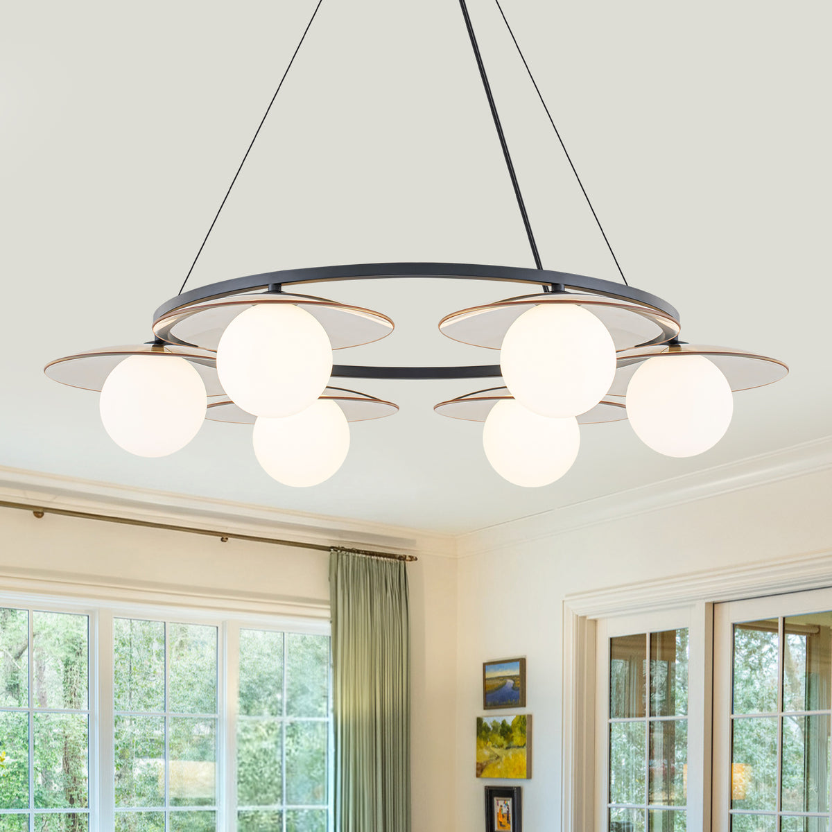 Black Circular Chandelier with Opal Glass Globes Modern Minimalist - product image 6 | Zenvolit