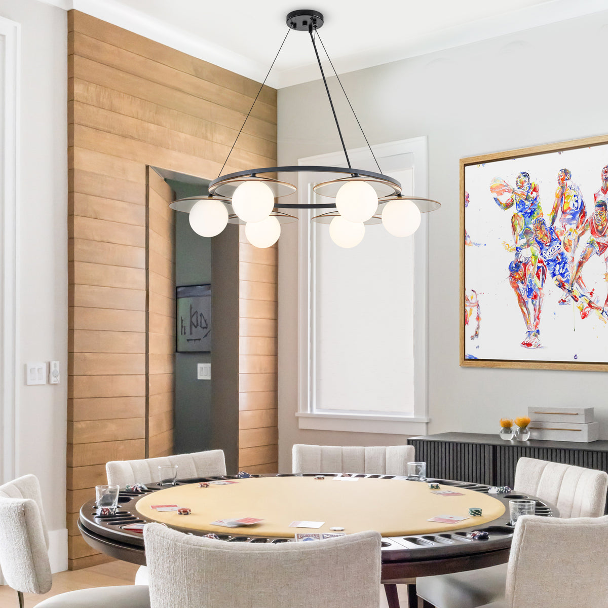 Black Circular Chandelier with Opal Glass Globes Modern Minimalist - product image 12 | Zenvolit