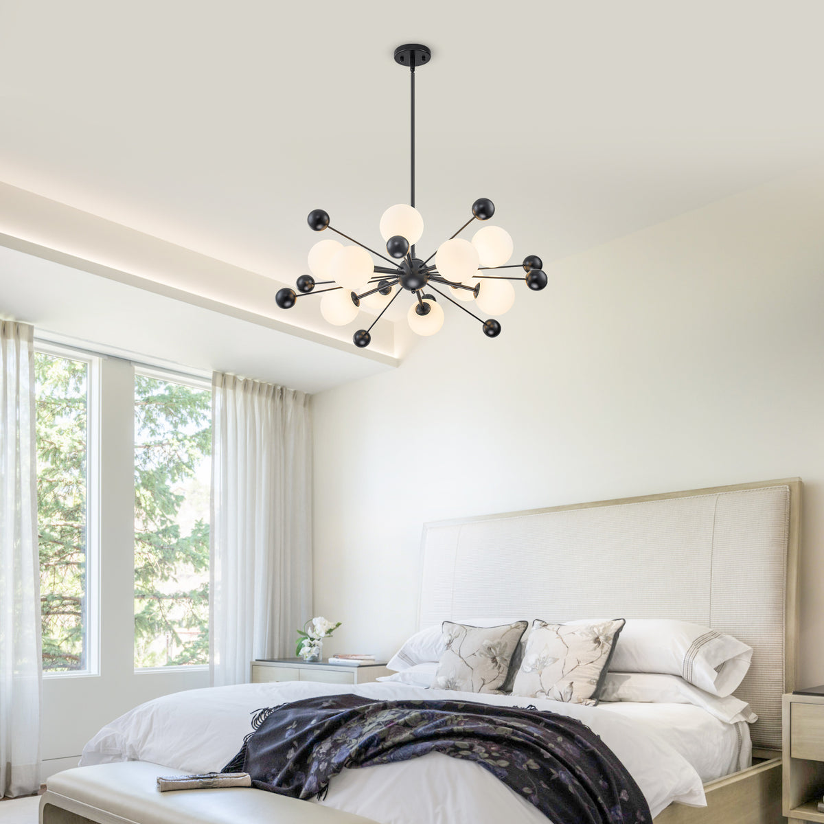 Matte Black Sputnik Chandelier Opal Glass Globes Mid-Century Modern - product image 3 | Zenvolit