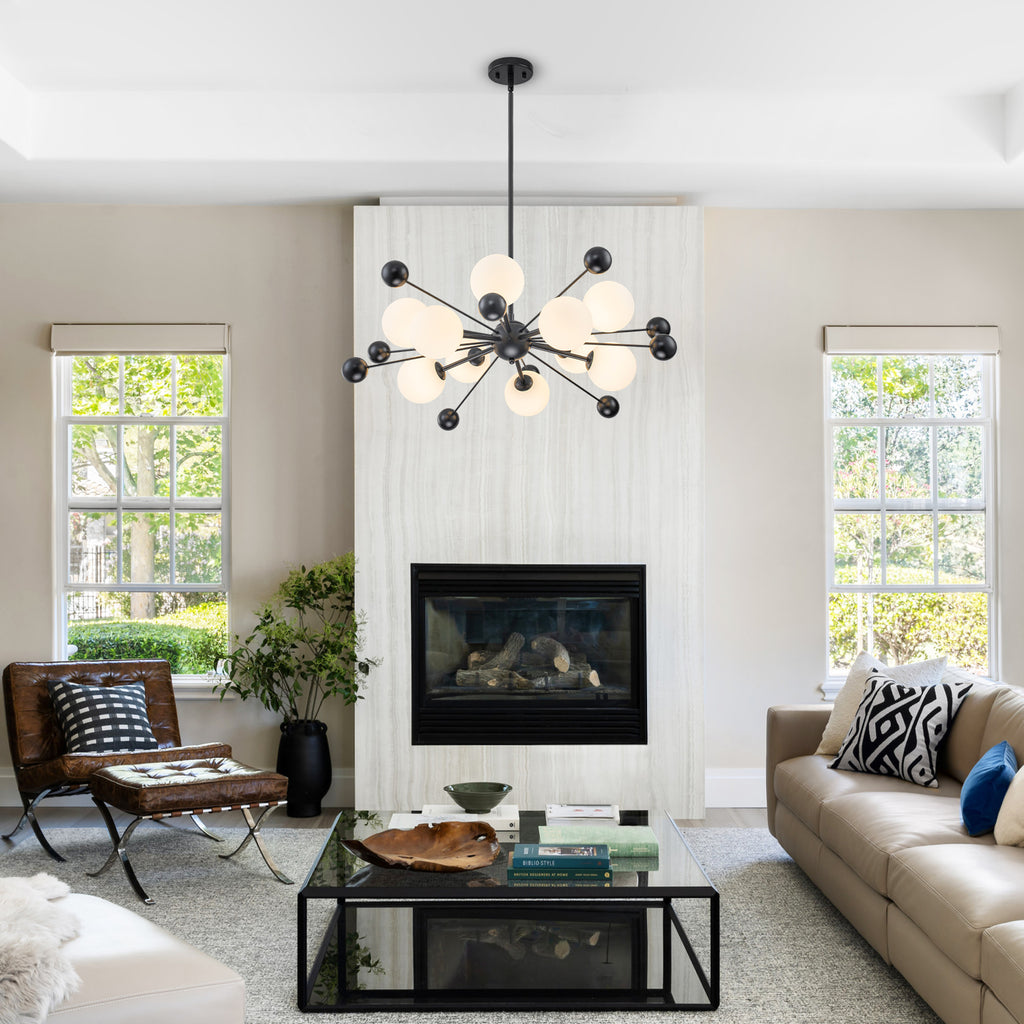 Matte Black Sputnik Chandelier Opal Glass Globes Mid-Century Modern - product image 4 | Zenvolit