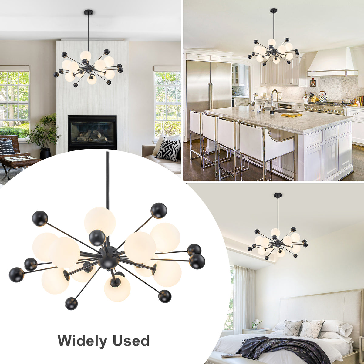 Matte Black Sputnik Chandelier Opal Glass Globes Mid-Century Modern - product image 6 | Zenvolit