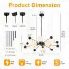 Matte Black Sputnik Chandelier Opal Glass Globes Mid-Century Modern - product image 7 | Zenvolit