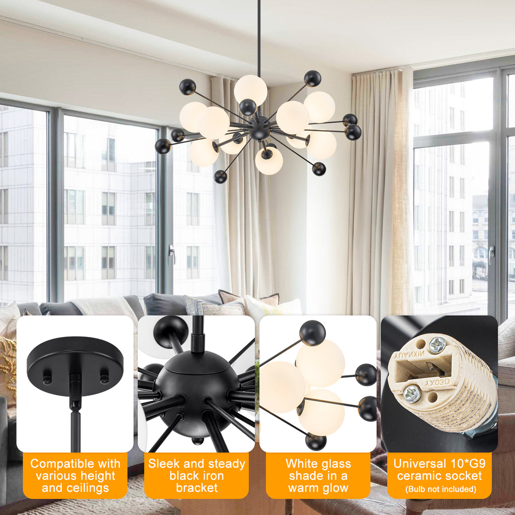 Matte Black Sputnik Chandelier Opal Glass Globes Mid-Century Modern - product image 9 | Zenvolit