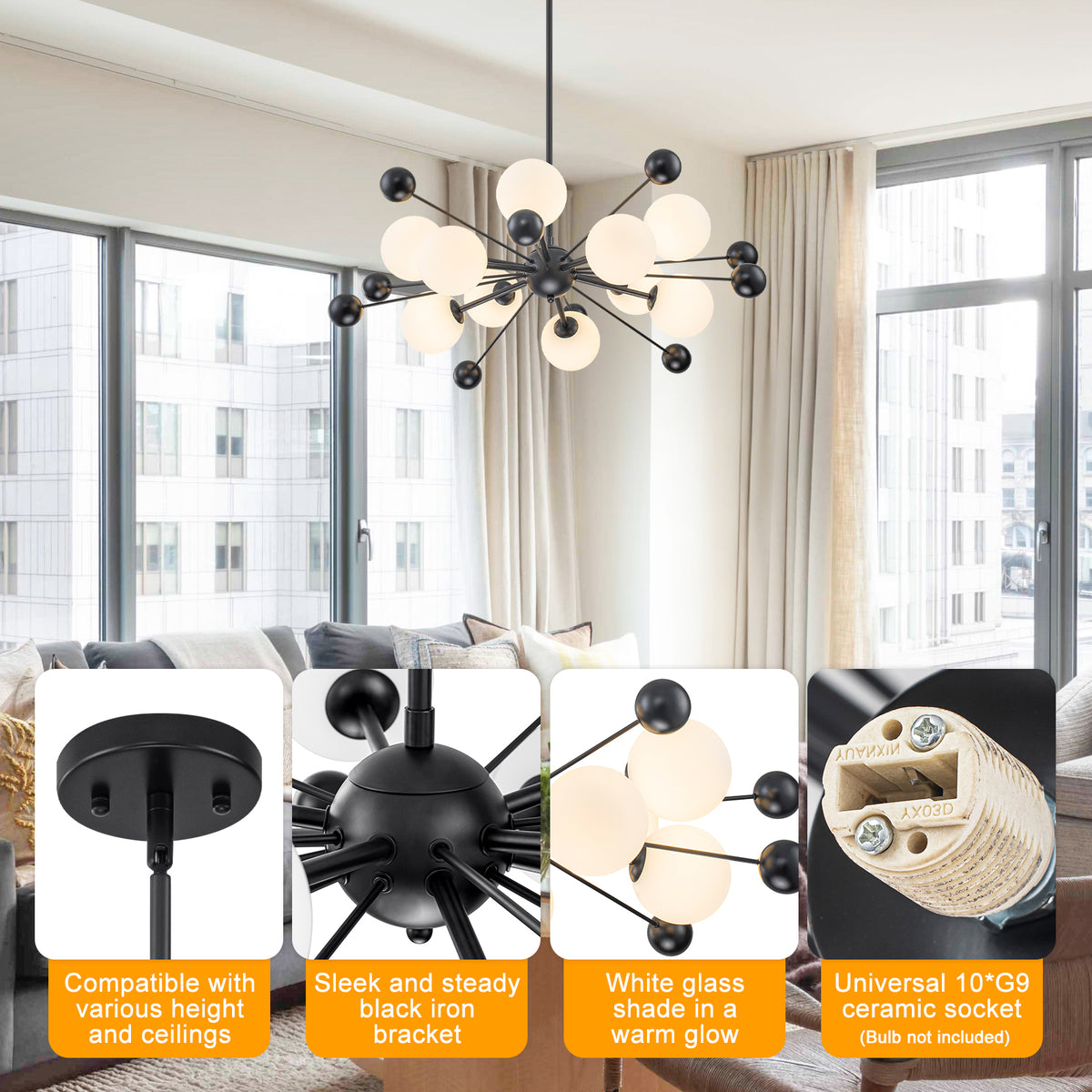 Matte Black Sputnik Chandelier Opal Glass Globes Mid-Century Modern - product image 9 | Zenvolit