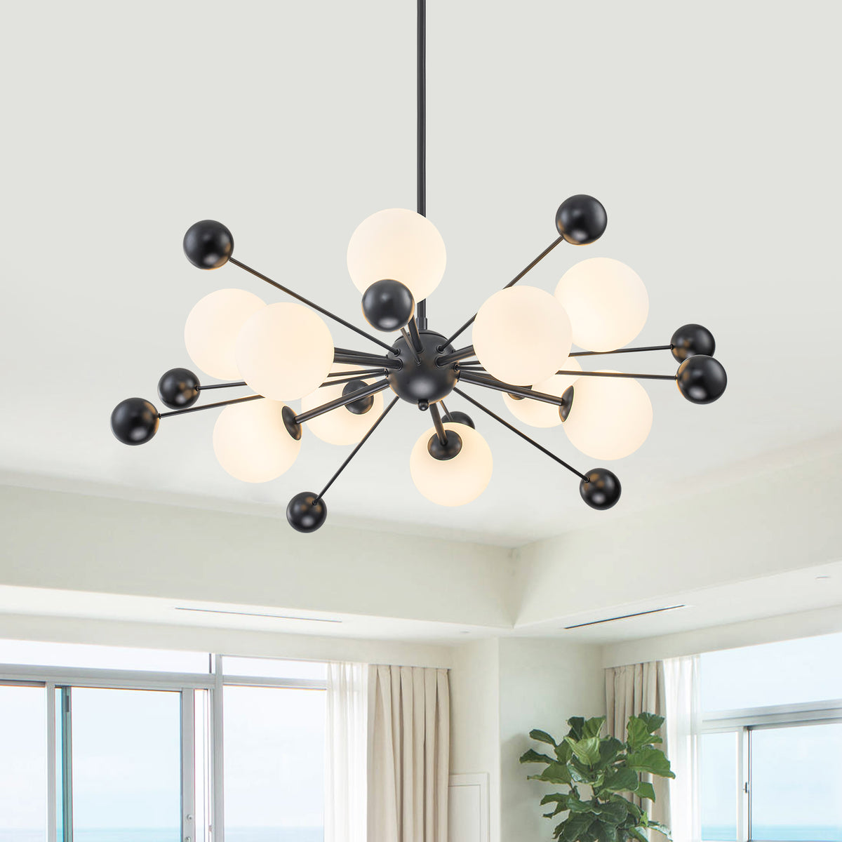 Matte Black Sputnik Chandelier Opal Glass Globes Mid-Century Modern - product image 11 | Zenvolit