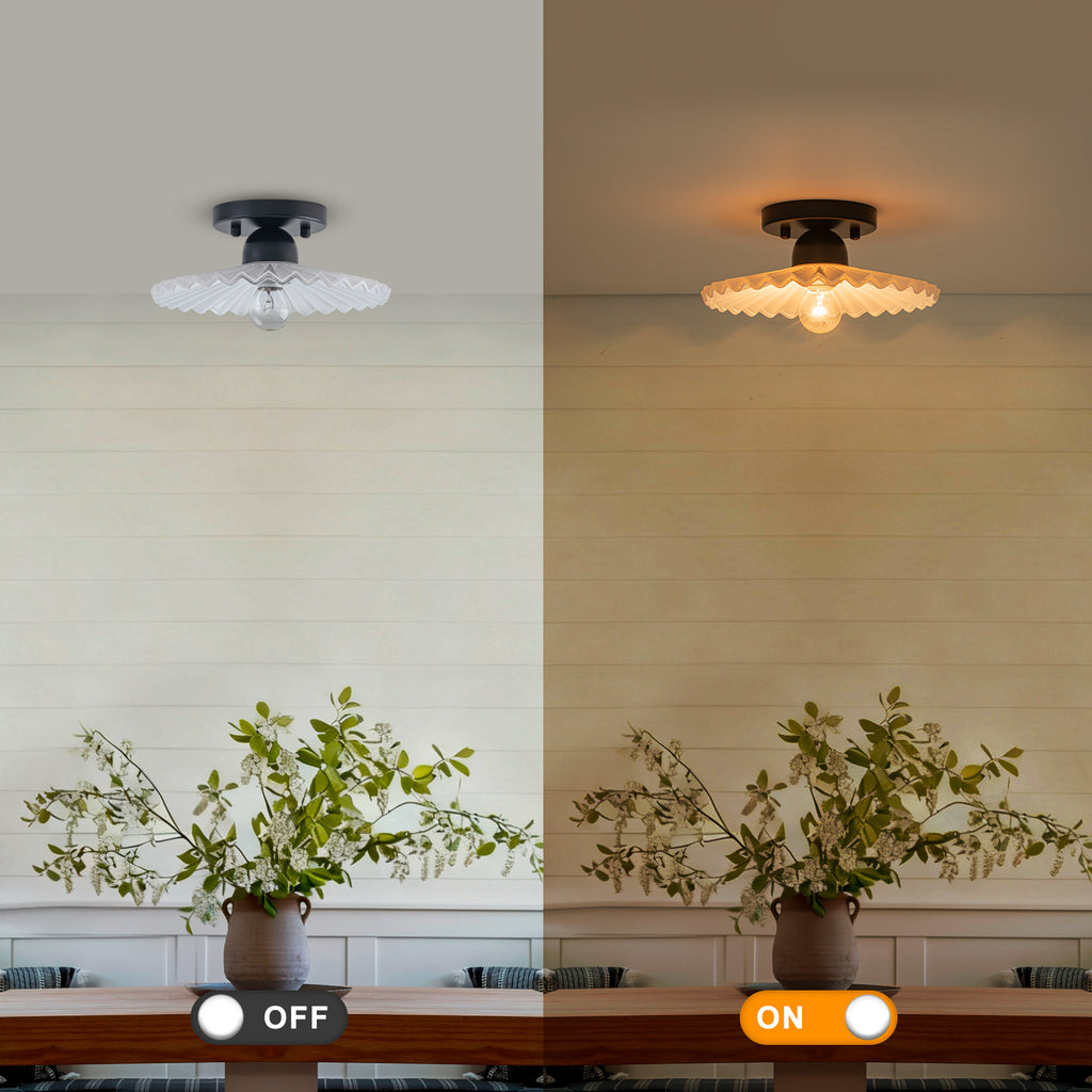 9.84 inch 1-Light Matte Black Flush Mount Ceiling Light with White Striped Glass Shade - product image 2 | Zenvolit