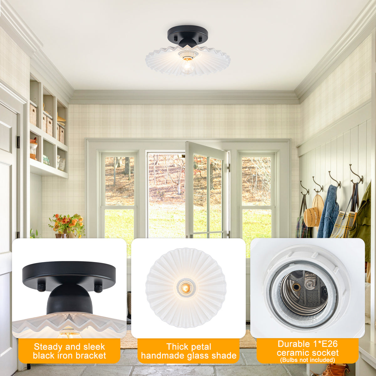9.84 inch 1-Light Matte Black Flush Mount Ceiling Light with White Striped Glass Shade - product image 3 | Zenvolit