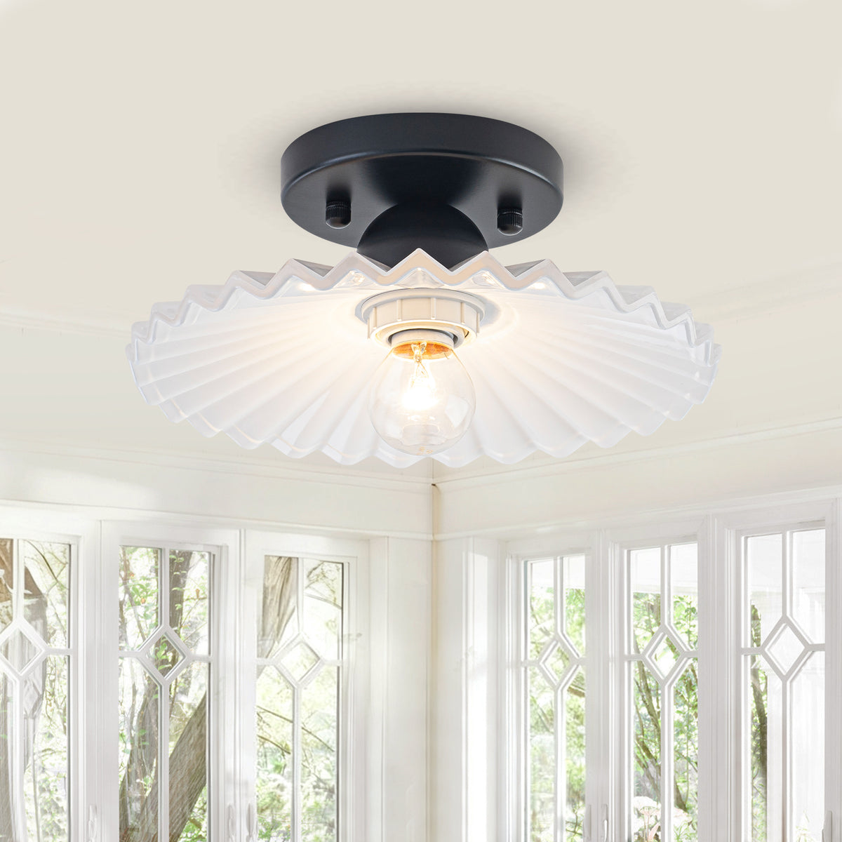 9.84 inch 1-Light Matte Black Flush Mount Ceiling Light with White Striped Glass Shade - product image 5 | Zenvolit