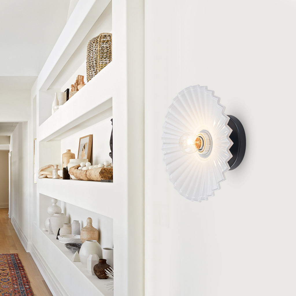 9.84 inch 1-Light Matte Black Flush Mount Ceiling Light with White Striped Glass Shade - product image 12 | Zenvolit
