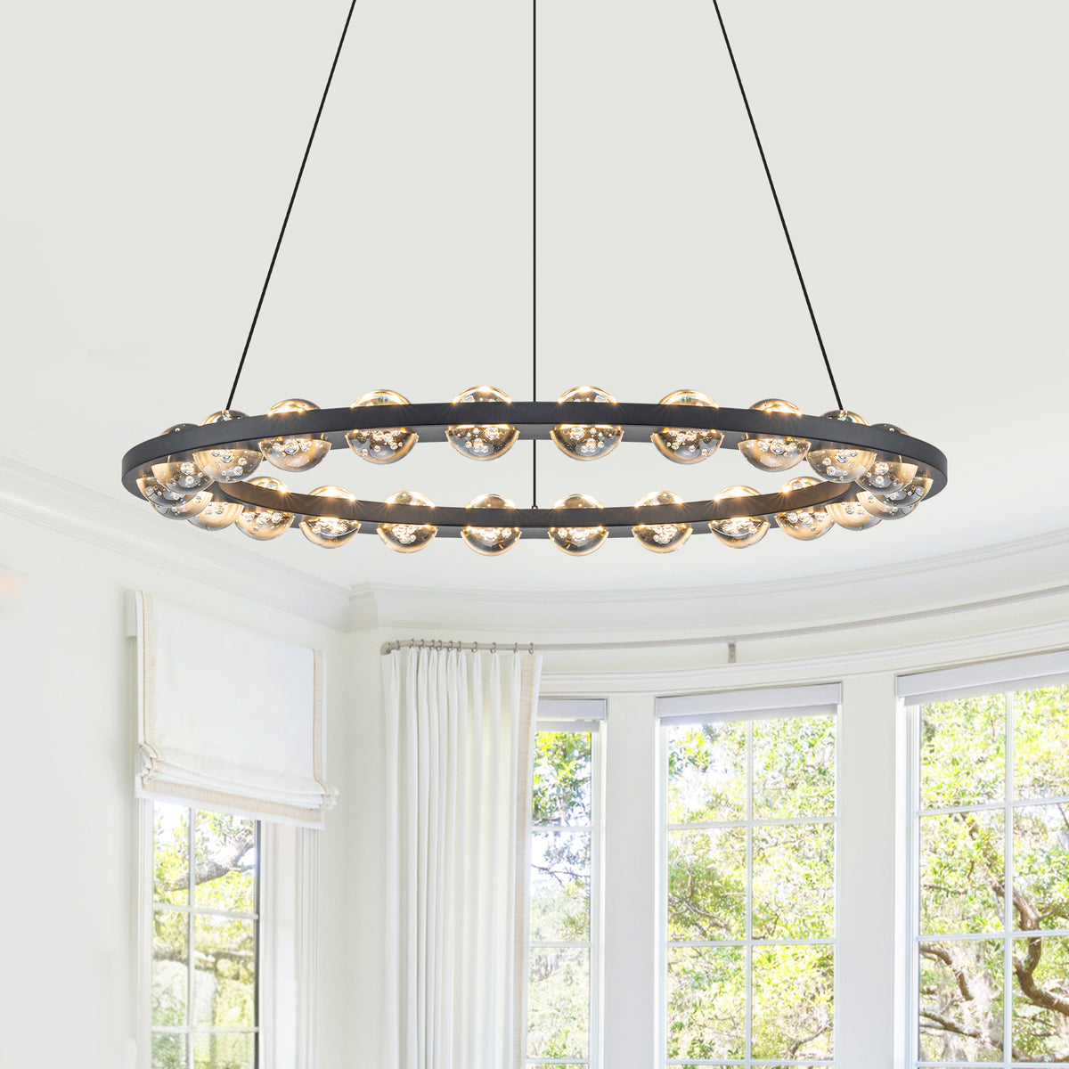 24-Light Modern Black Ring LED Chandelier Clear Bubble Glass Globe - product image 3 | Zenvolit