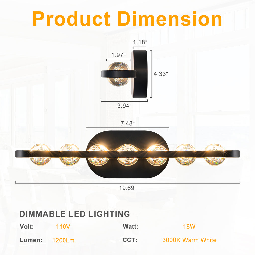 7-Light Modern Black Linear LED Vanity Light Clear Globe Glass Shades - product image 2 | Zenvolit