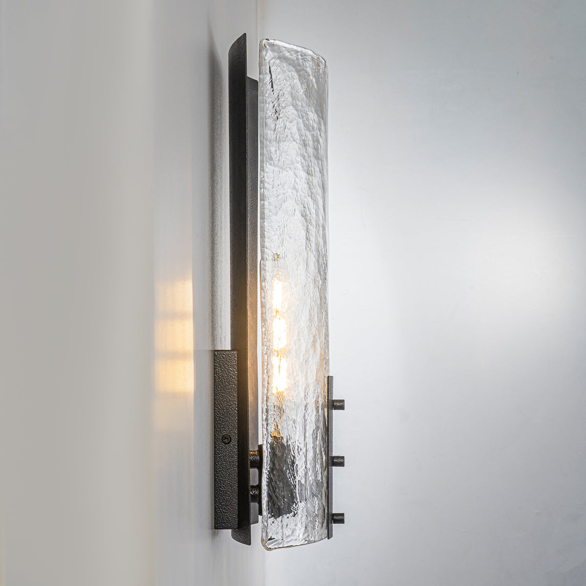 Matte Black Wall Sconce Curved Clear Glass Shade Bathroom Hallway