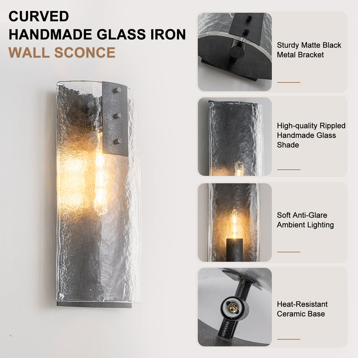 Matte Black Wall Sconce Curved Clear Glass Shade Bathroom Hallway