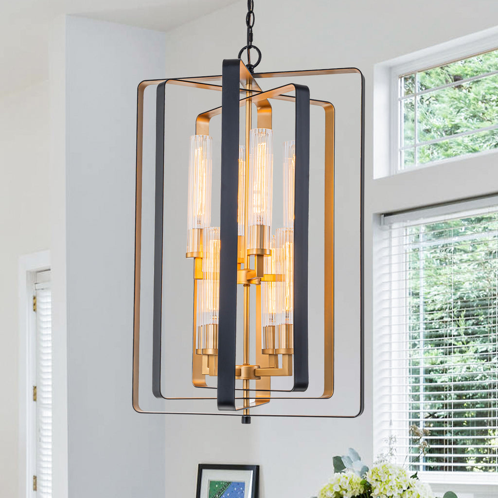 19.7" 8-Light Modern Black Gold Pendant Light with Ribbed Glass Tubes - product image 1 | Zenvolit