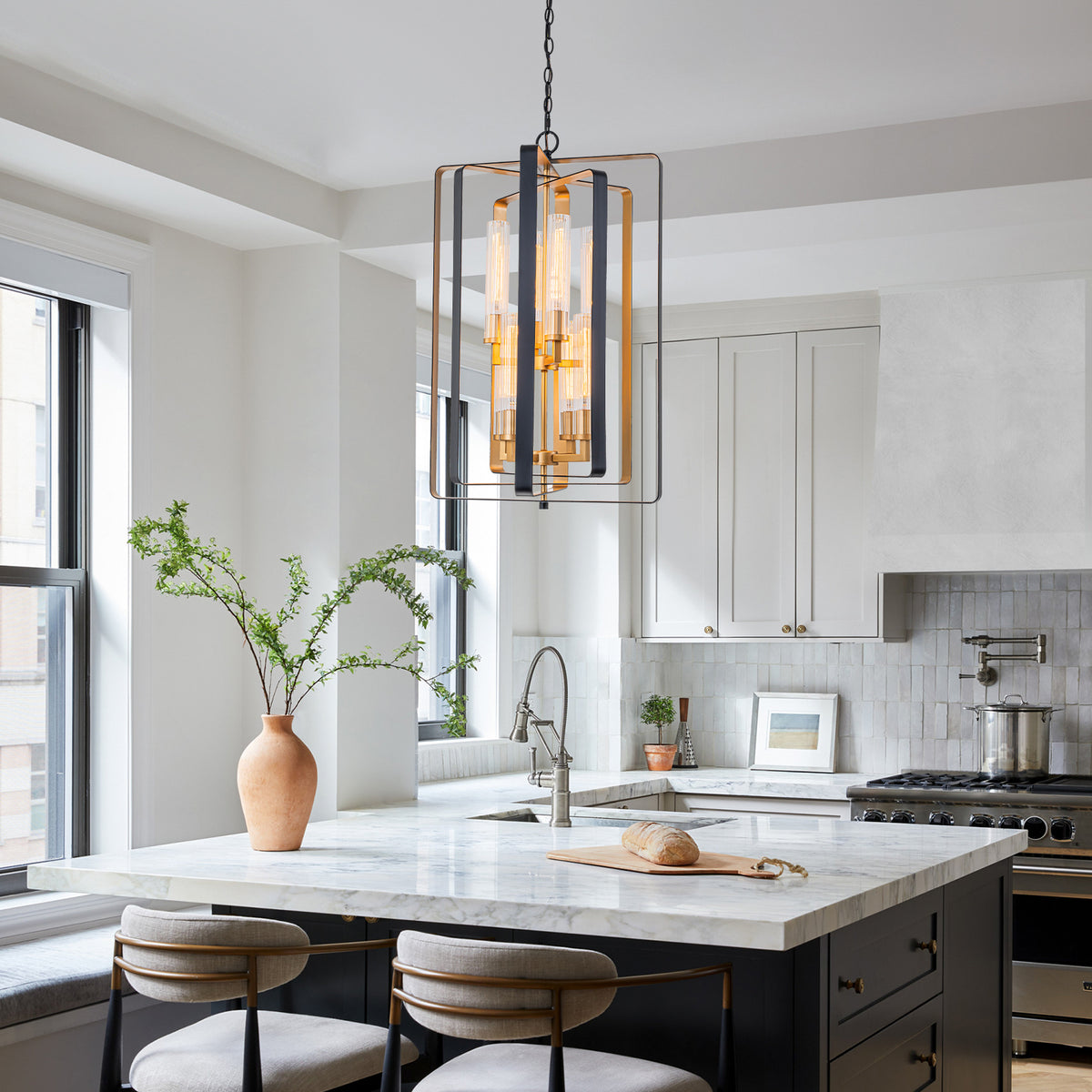 19.7" 8-Light Modern Black Gold Pendant Light with Ribbed Glass Tubes - product image 4 | Zenvolit