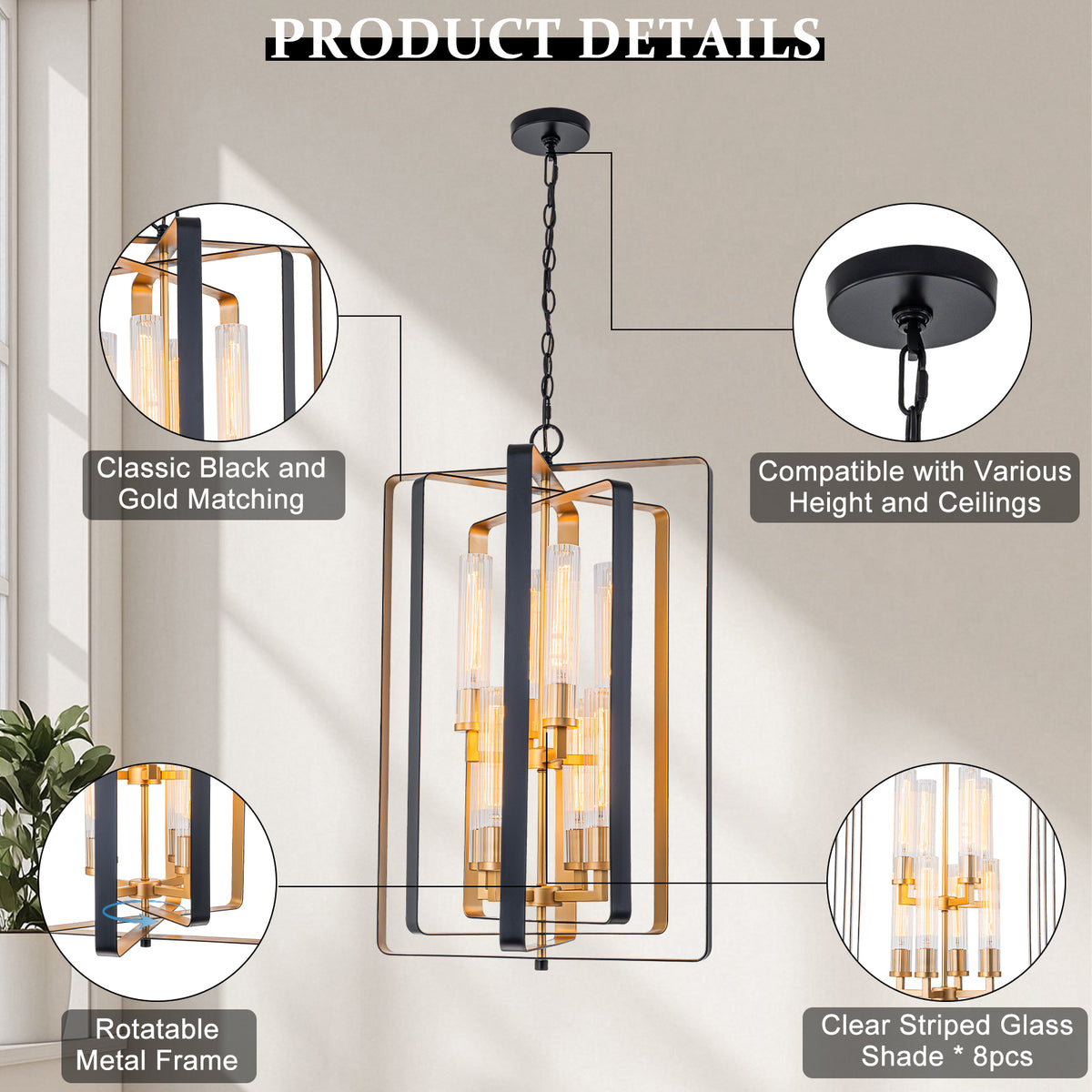 19.7" 8-Light Modern Black Gold Pendant Light with Ribbed Glass Tubes - product image 14 | Zenvolit
