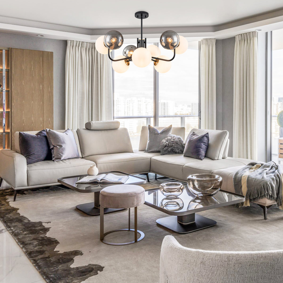 9-Light Modern Branch Chandelier Smoky Gray & White Glass Globe Shades - product image 3 | Zenvolit
