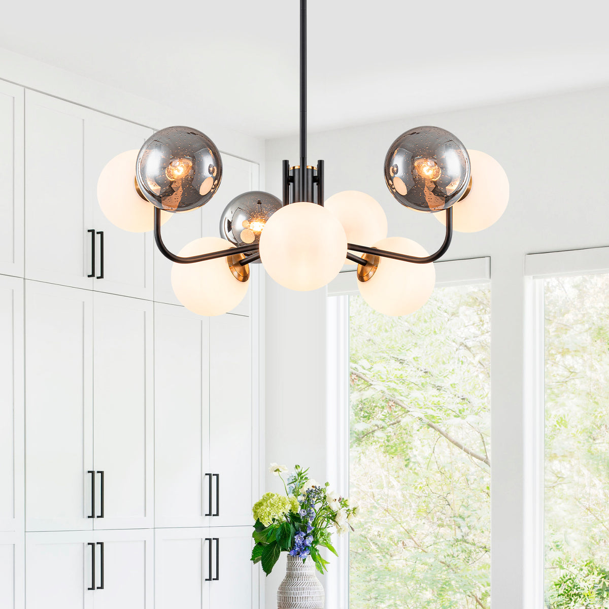9-Light Modern Branch Chandelier Smoky Gray & White Glass Globe Shades - product image 10 | Zenvolit