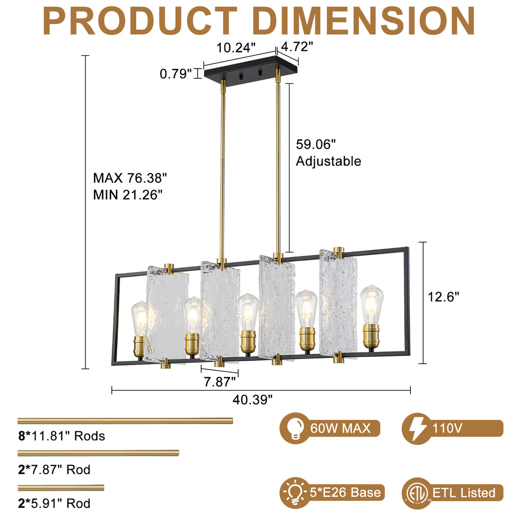 5-Light Linear Kitchen Island Pendant Light Textured Glass Panels - product image 7 | Zenvolit