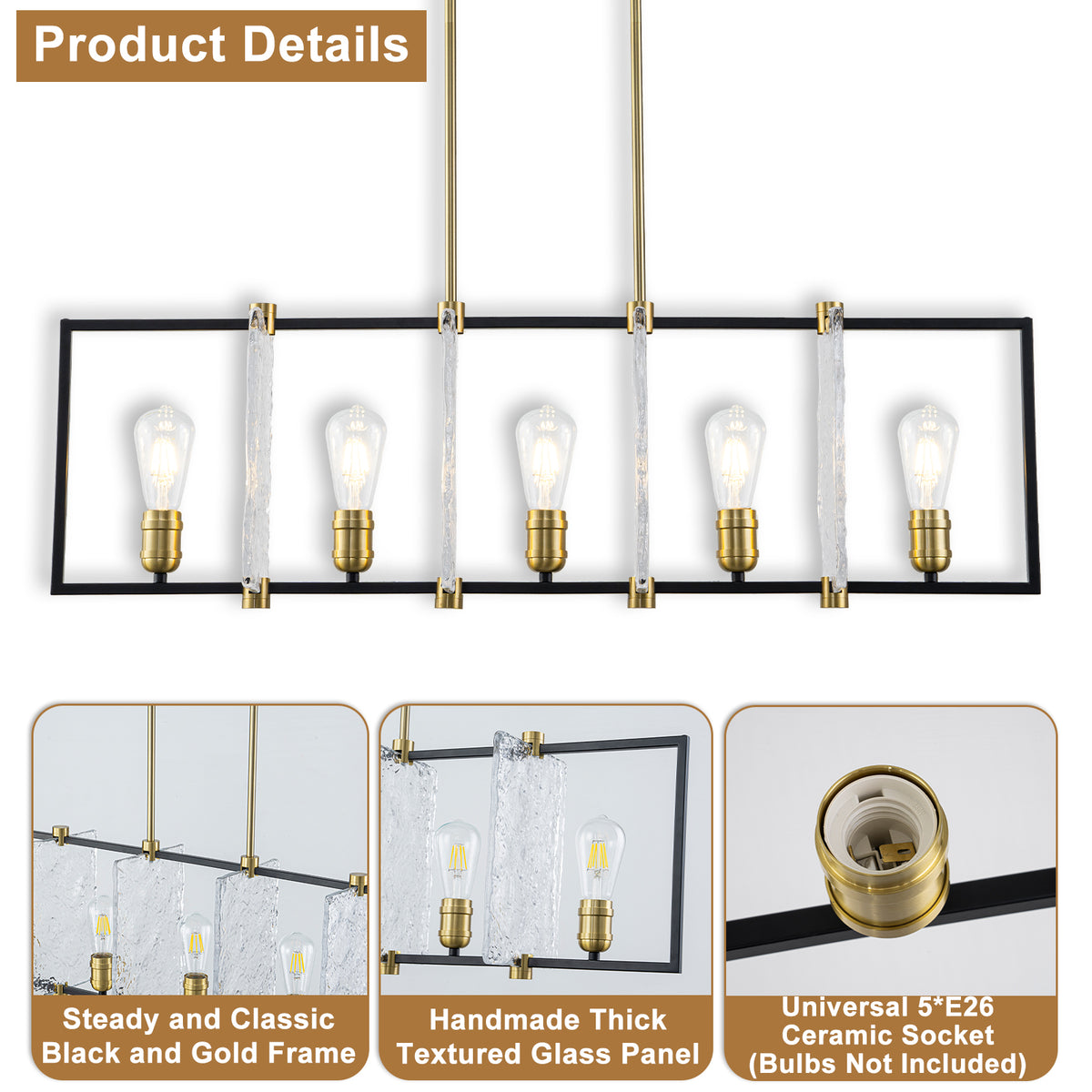 5-Light Linear Kitchen Island Pendant Light Textured Glass Panels - product image 13 | Zenvolit