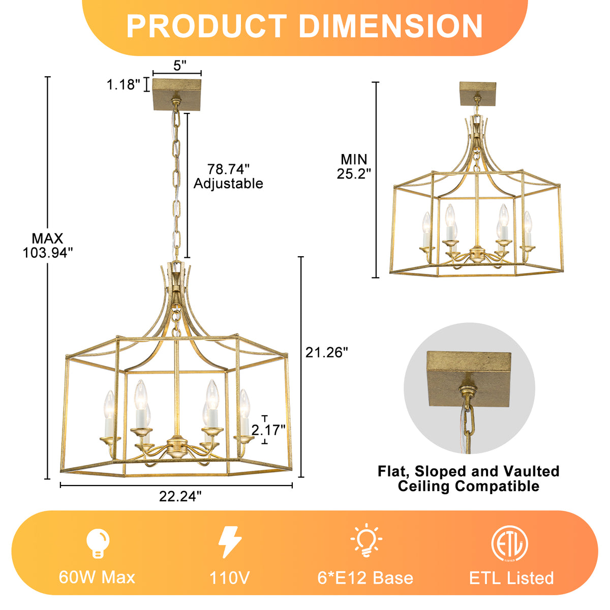 6-Light Gold Geometric Cage Chandelier Candle-Style Traditional - product image 7 | Zenvolit