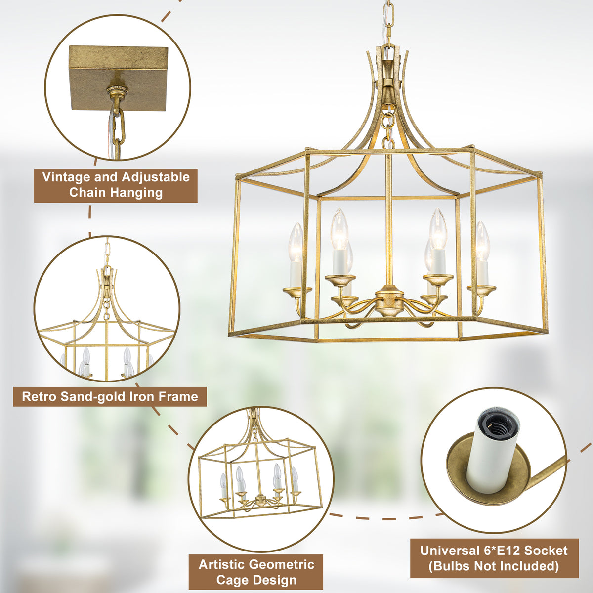 6-Light Gold Geometric Cage Chandelier Candle-Style Traditional - product image 13 | Zenvolit