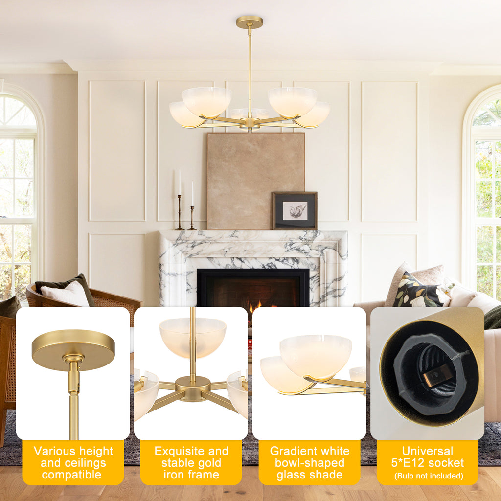 Gold Branched Chandelier Gradient White Semi-Circle Glass Shades - product image 10 | Zenvolit