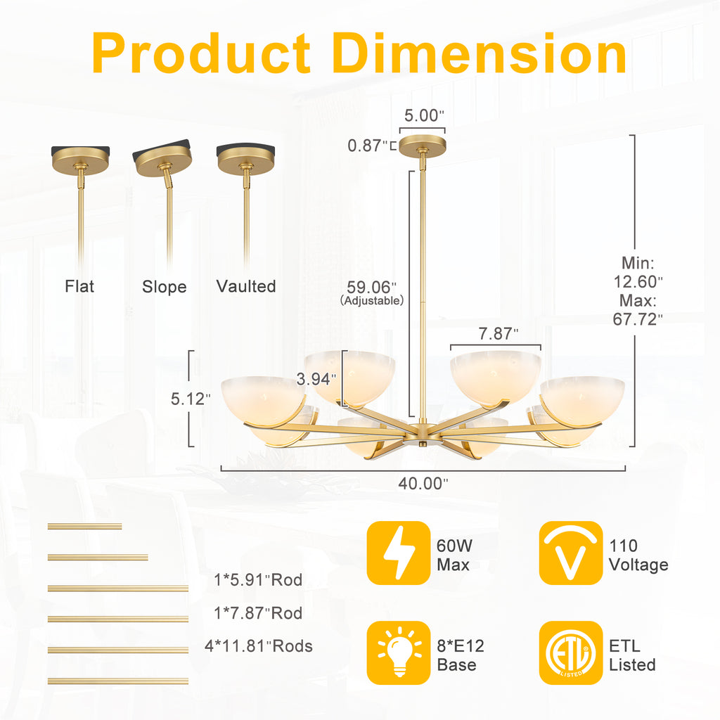 Gold Branched Chandelier Gradient White Semi-Circle Glass Shades - product image 7 | Zenvolit