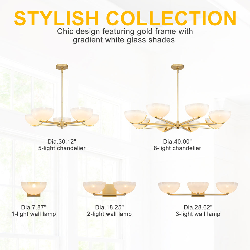 Gold Branched Chandelier Gradient White Semi-Circle Glass Shades - product image 8 | Zenvolit