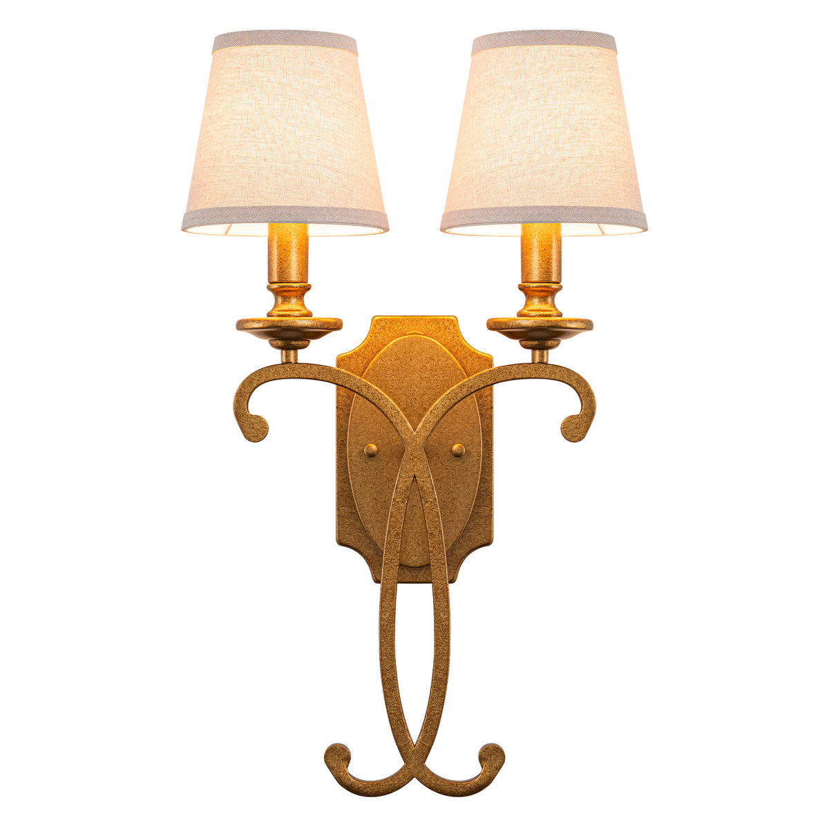 2-Light Antique Gold Metal Wall Sconce Cone Linen Fabric Shades - product image 2 | Zenvolit