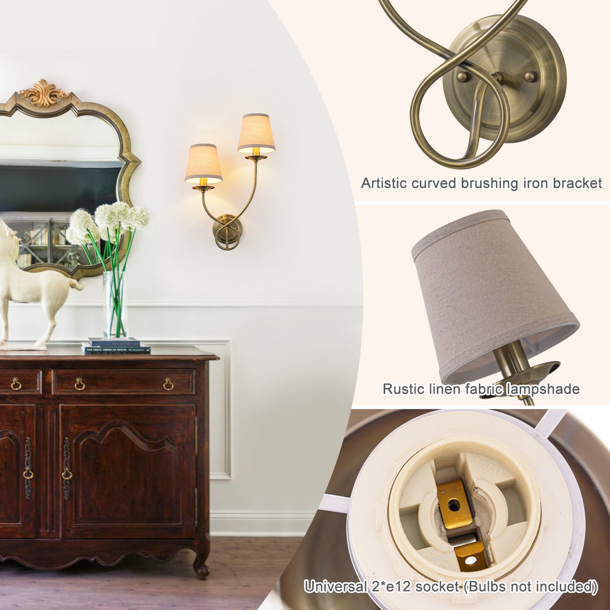 Antique Bronze Finish Wall Sconce with Trapezoid Linen Shade - product image 14 | Zenvolit