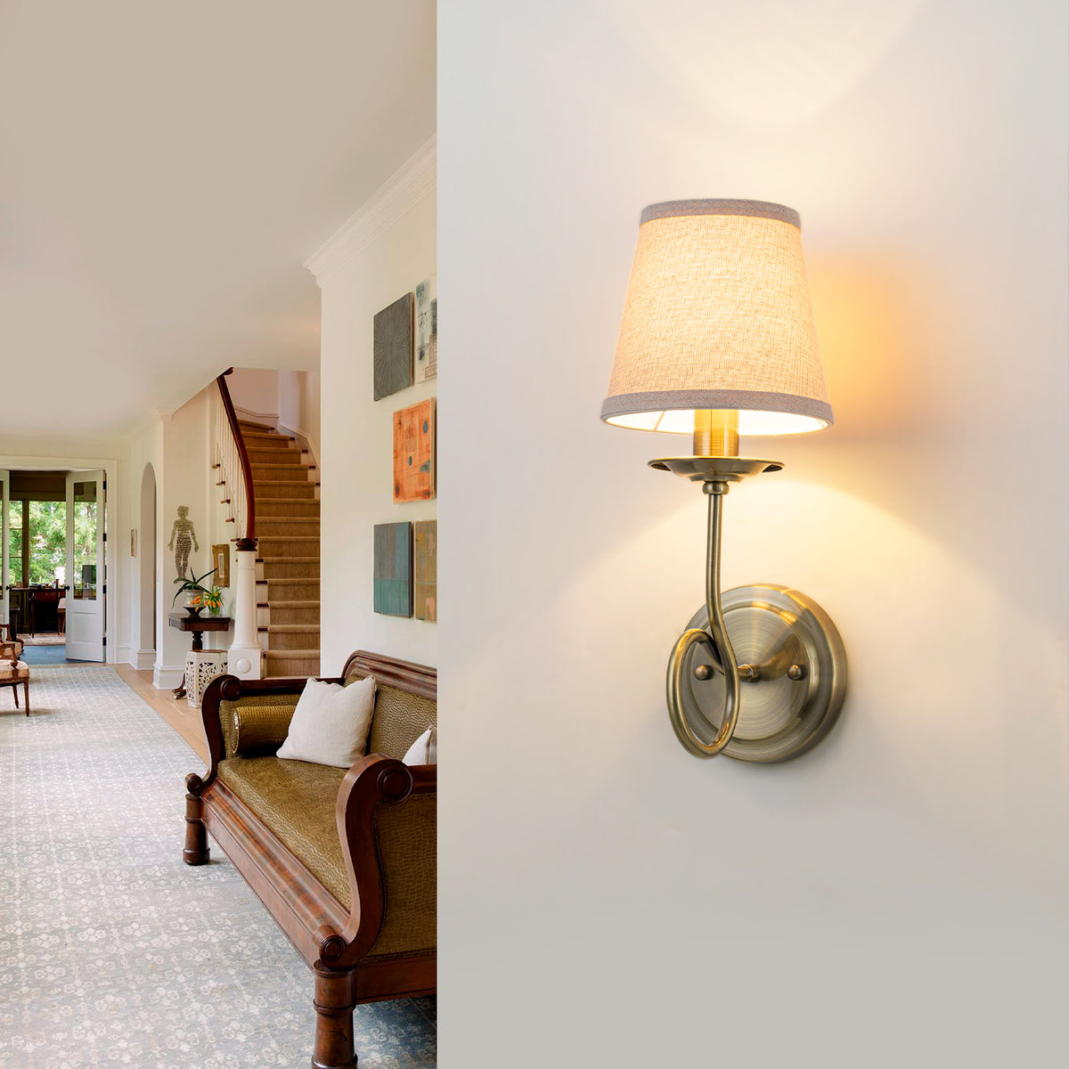 Antique Bronze Finish Wall Sconce with Trapezoid Linen Shade - product image 1 | Zenvolit