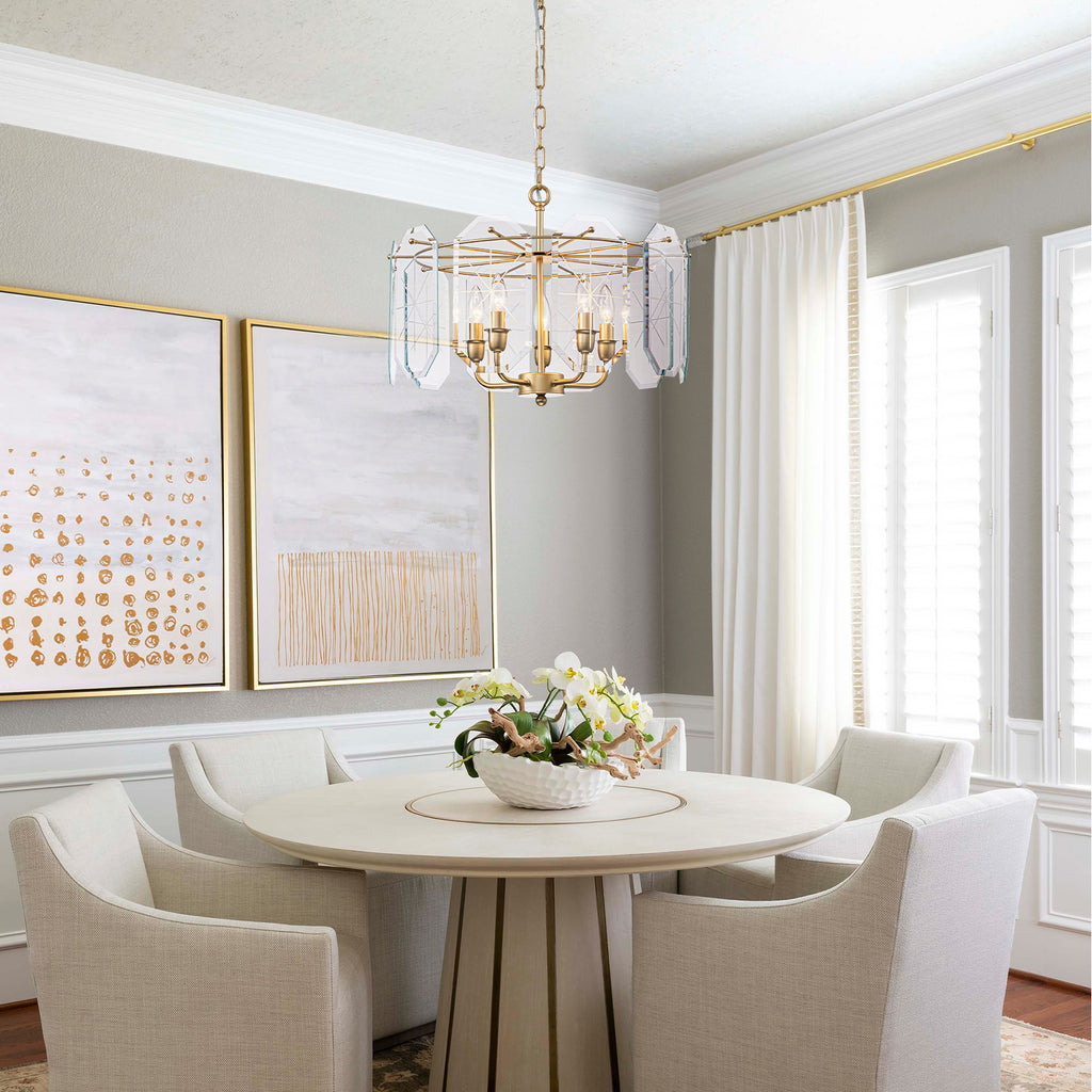 5-Light Modern Chandelier Etched Octagonal Glass Panels Gold Finish - product image 2 | Zenvolit