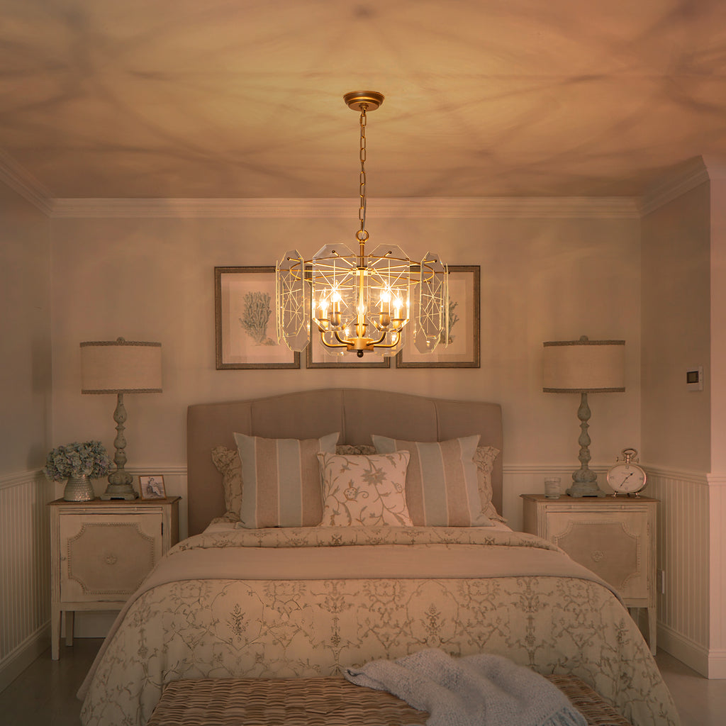 5-Light Modern Chandelier Etched Octagonal Glass Panels Gold Finish - product image 3 | Zenvolit